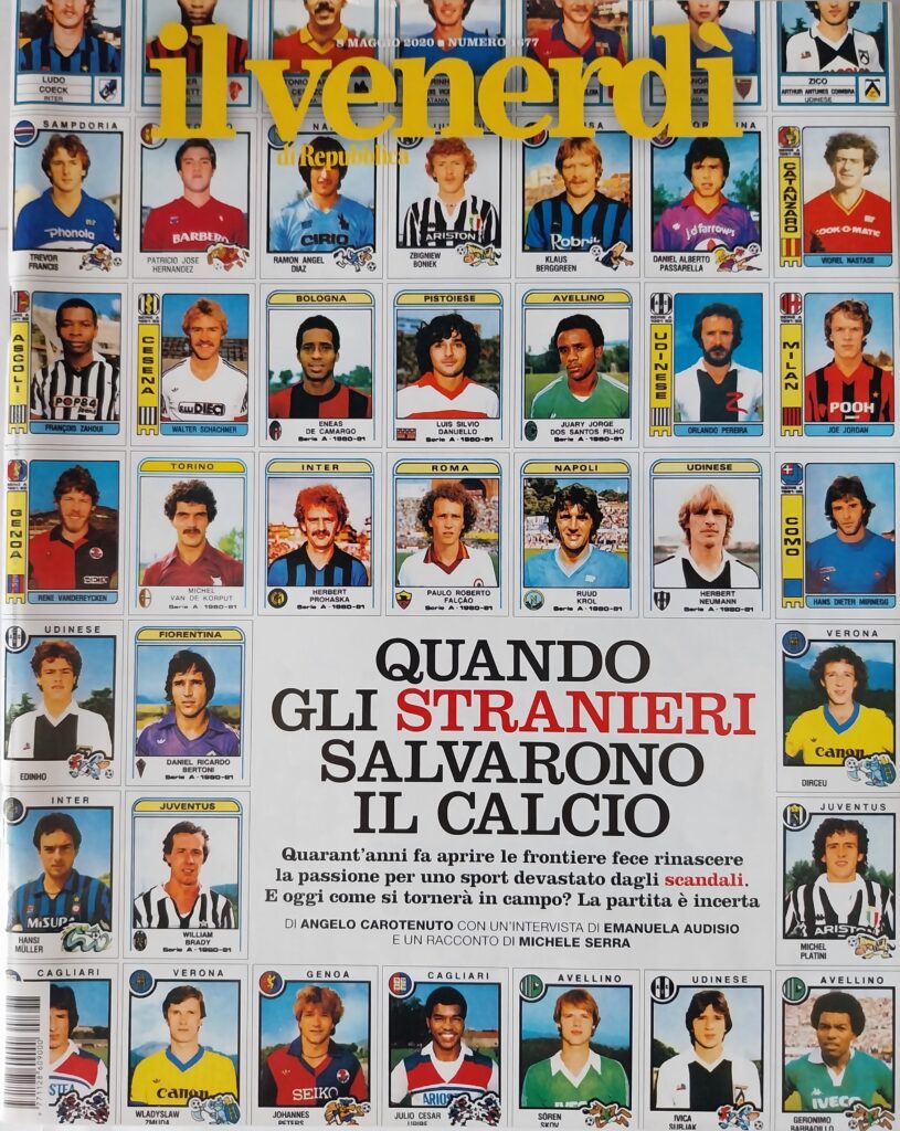 Il Venerdì di Repubblica 8 maggio 2020, n. 1677, copertina con figurina Schachner 1981-82