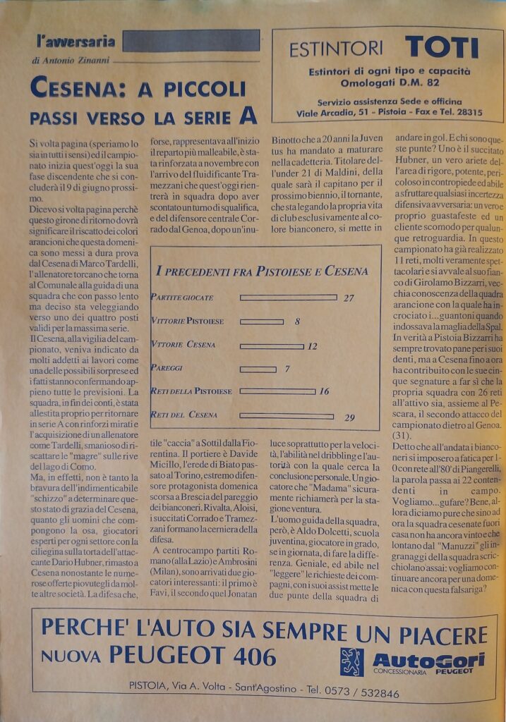 L'Arancione 21 gennaio 1996, p. 2, Pistoiese-Cesena 1995-96