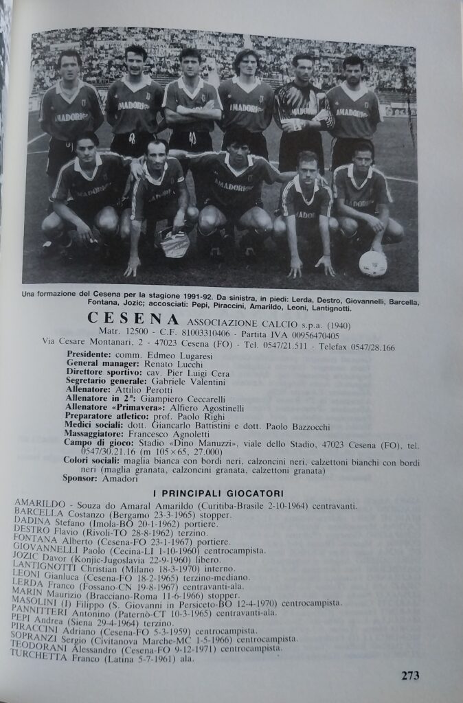 Panini Almanacco 1992, p. 273, presentazoine Cesena 1991-92