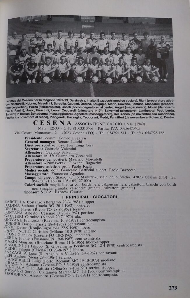 Panini Almanacco 1993, p. 273, presentazione Cesena 1992-93