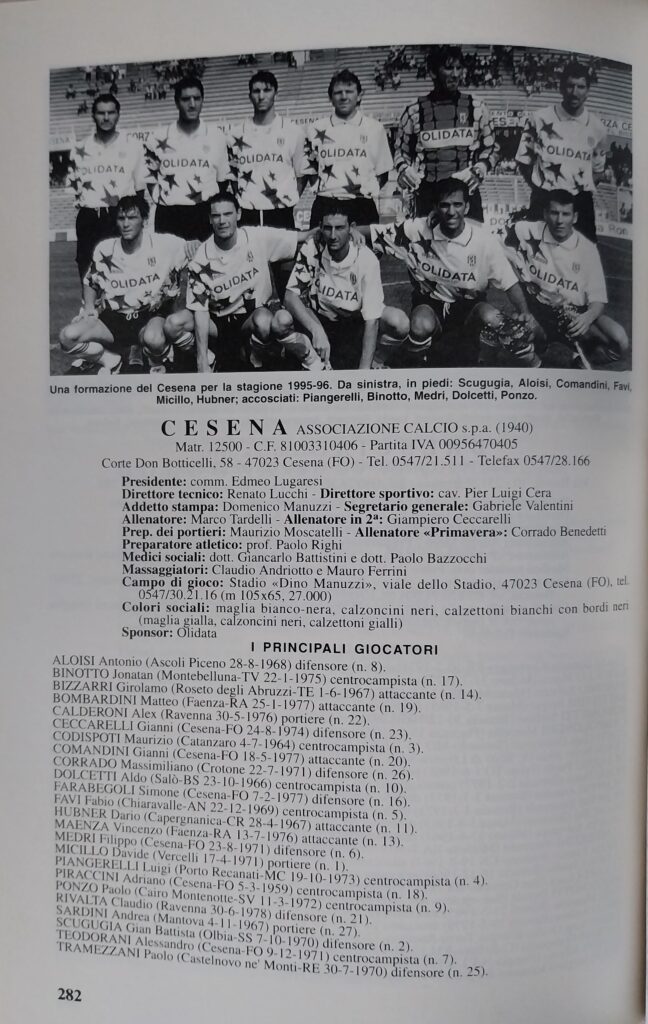 Panini Almanacco 1996, p. 282, presentazione Cesena 1995-96