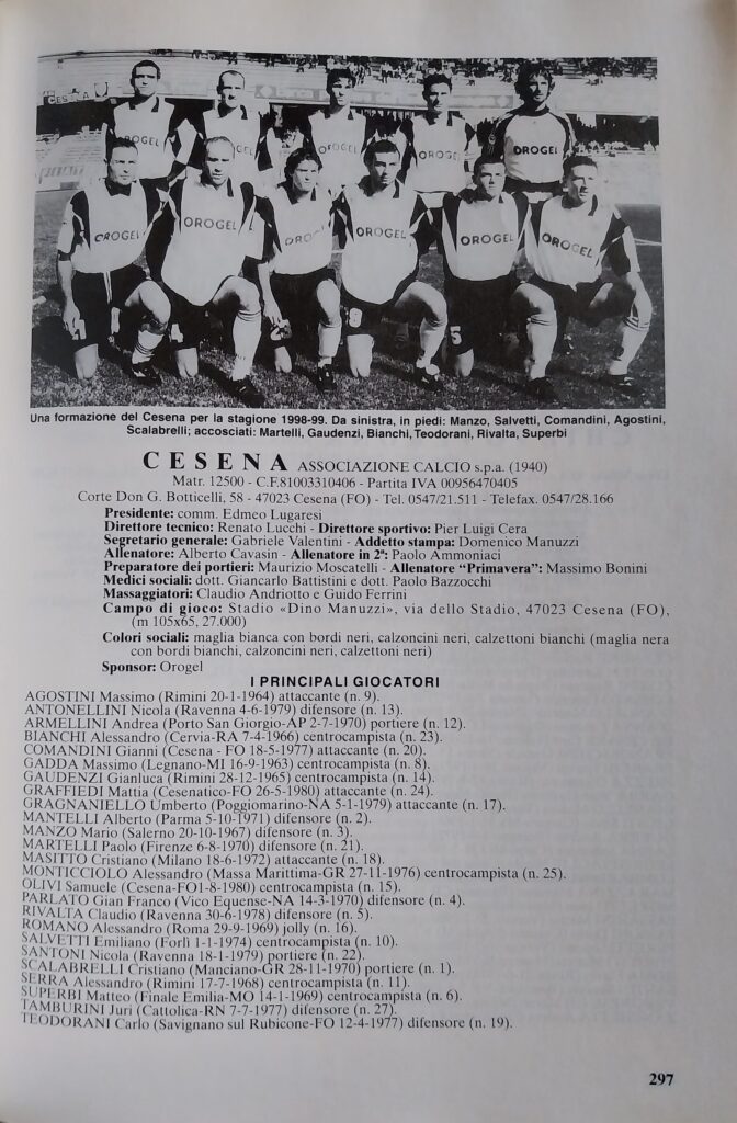 Panini Almanacco 1999, p. 297, presentazione Cesena 1998-99