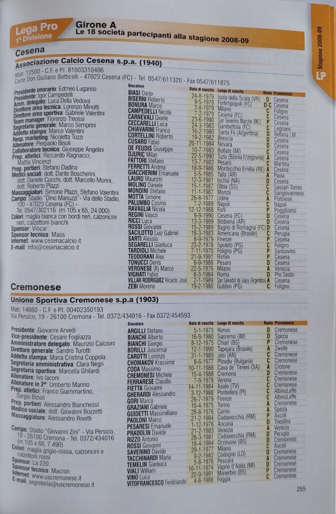 Panini Almanacco del calcio 2009, p. 255, presentazione Cesena 2008-09