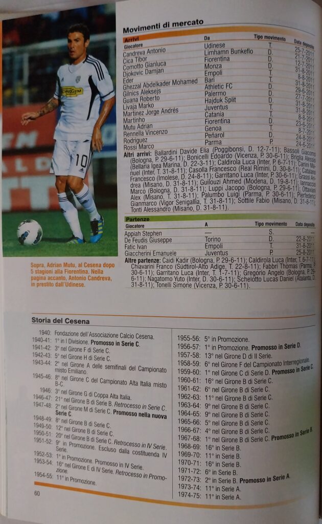 Panini Almanacco illustrato del calcio 2012, p. 60, presentazione Cesena 2011-12 Mutu