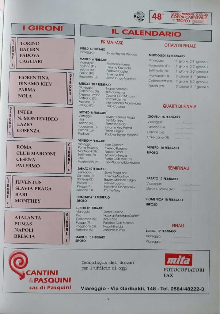 Programma ufficiale Torneo di Viareggio febbraio 1996, p. 17, gironi e calendario