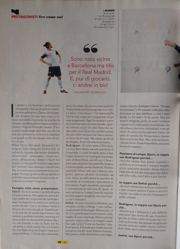 Sportweek 21 marzo 2015, n. 11, p. 36, articolo Cesena 2014-15 Defrel Djuric Rodriguez