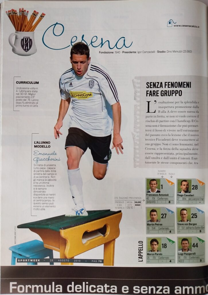 Sportweek 28 agosto 2010, n. 30, p. 76, presentazione Cesena 2010-11 Giaccherini