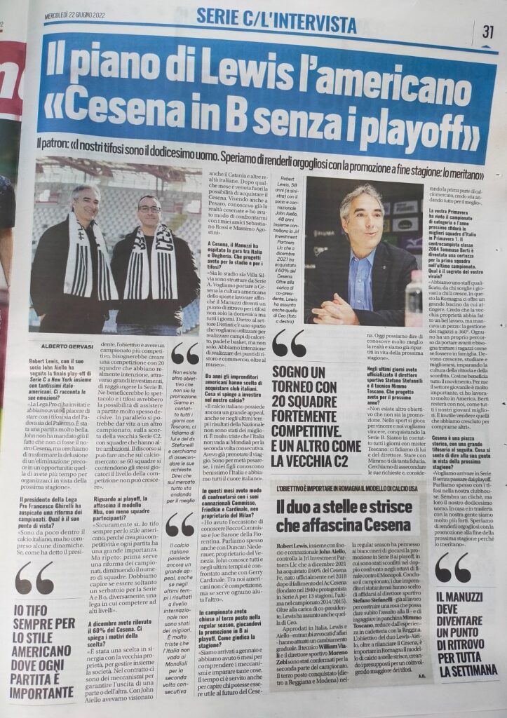 Tuttosport 22 giugno 2022, articolo Aiello e Lewis 2021-22