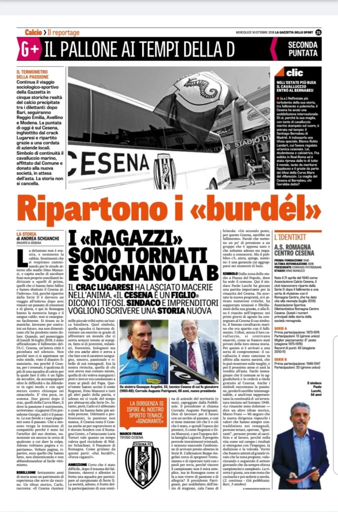 Gazzetta dello Sport 10 ottobre 2018, articolo Cesena 2018-19 Angelini Patrignani