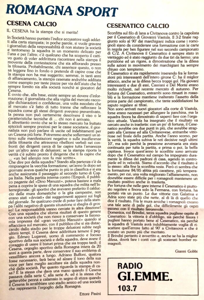 Gazzettissima Romagna 5 novembre 1984, articolo Cesena 1984-85