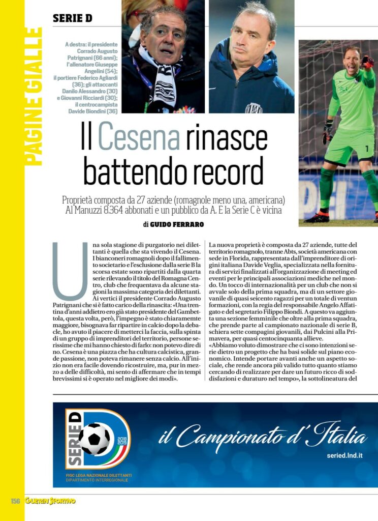 Guerin Sportivo aprile 2019, n. 4, p. 156, articolo Cesena 2018-19 Agliardi Angelini Patrignani