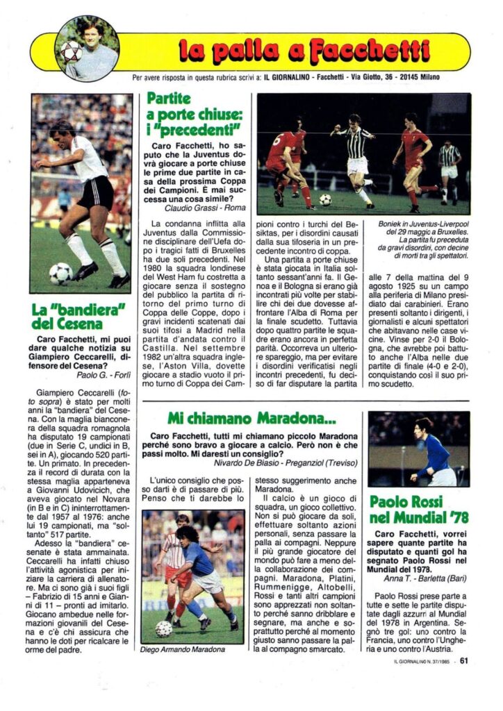 Il Giornalino 18 settembre 1985, n. 37, posta dei lettori con lettera e foto Ceccarelli 1985-86