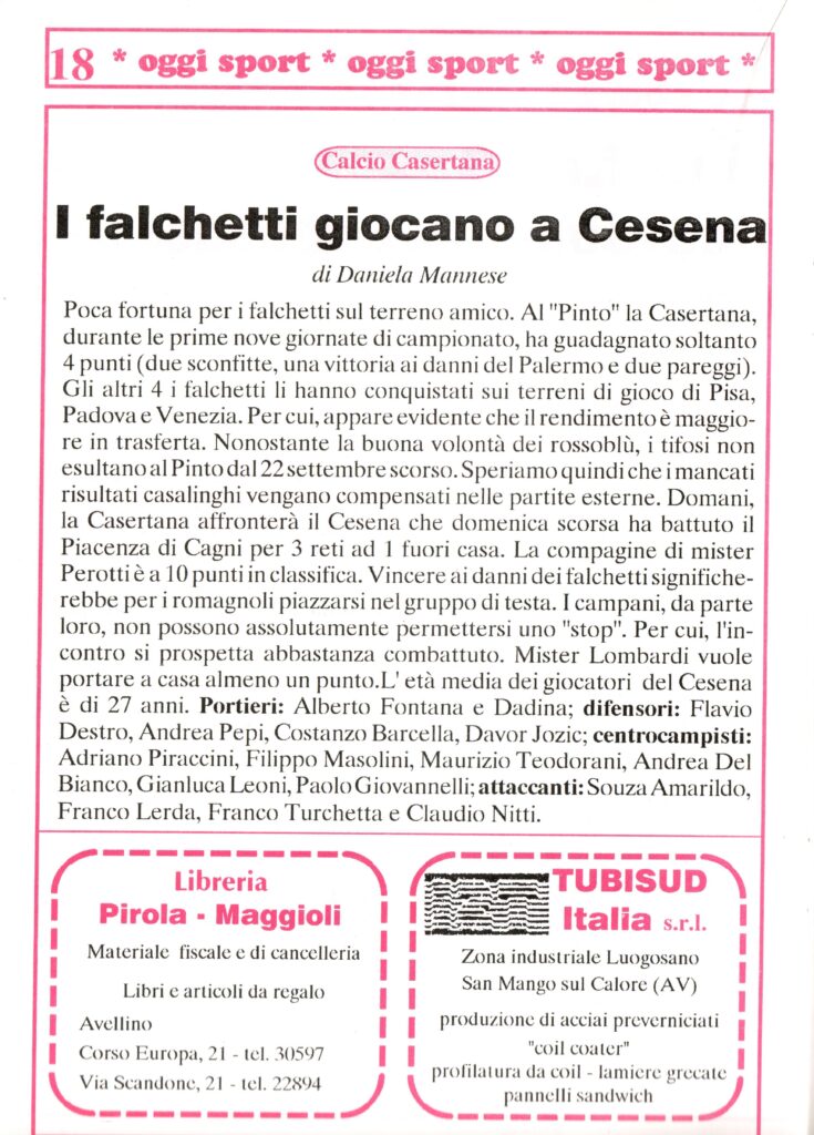 OggiSport, 2 novembre 1991, n. 6, articolo Cesena-Casertana 1991-92