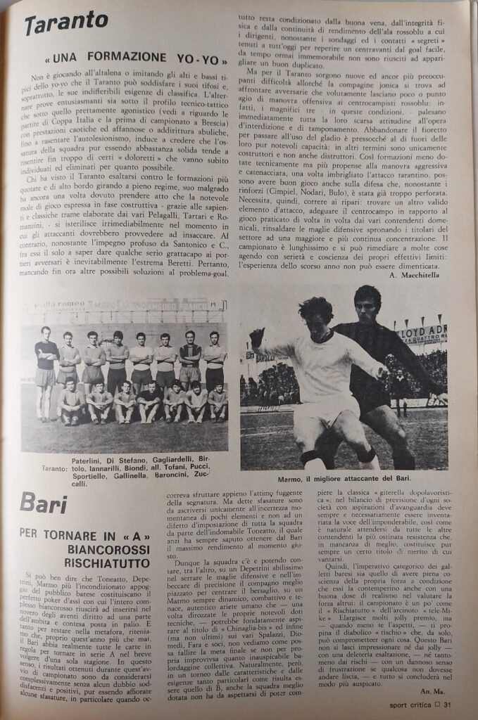 Sport Critica, ottobre 1970, n. 8, p. 31, 1970-71 con foto Marmo 1969-70